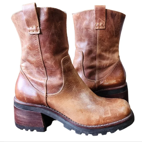 Vintage Steve Madden Fender Cognac Chunky Stacked Heel Boots - Picture 1 of 11